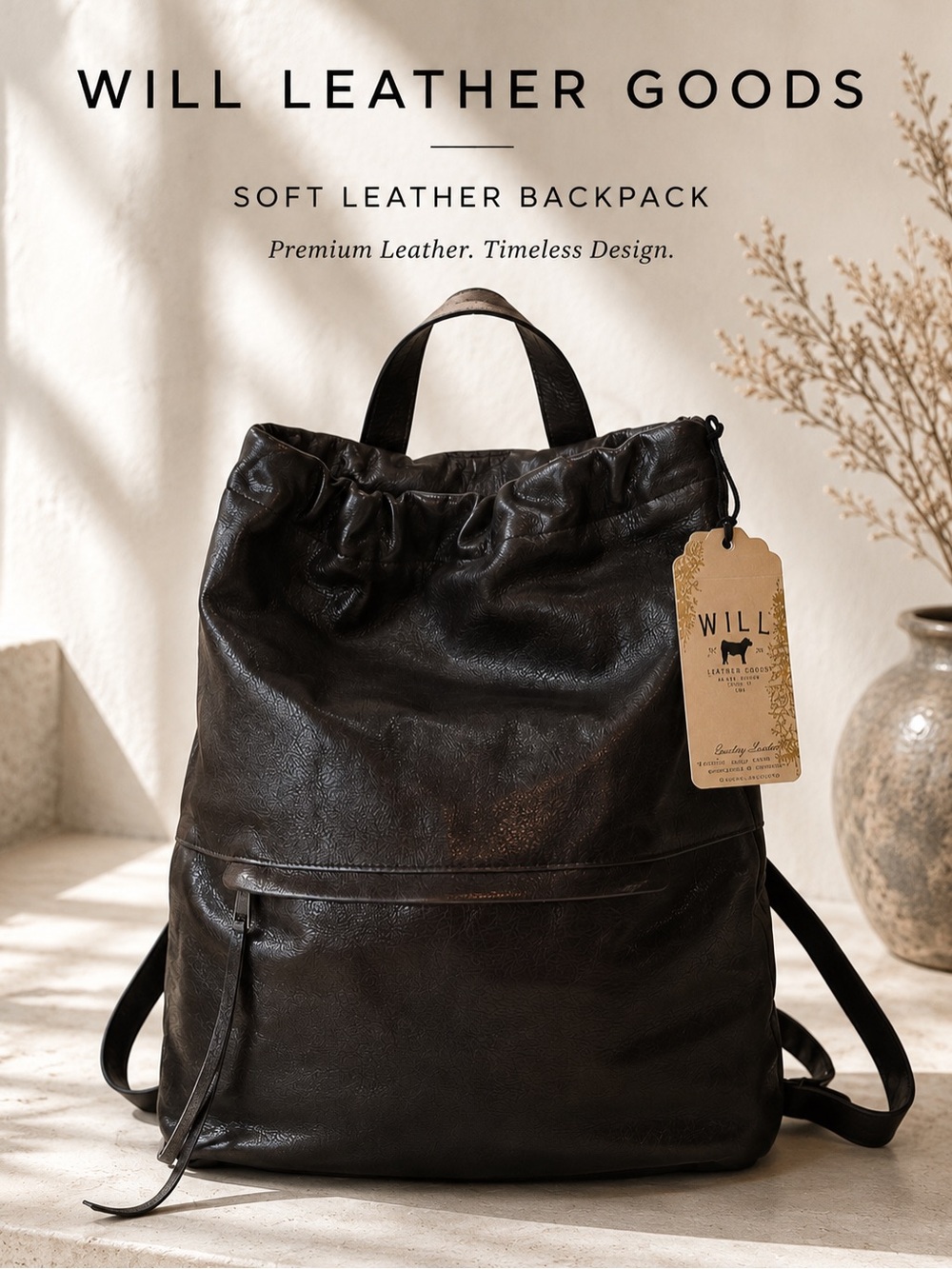 Will Leather Goods Black Soft Leather Backpack